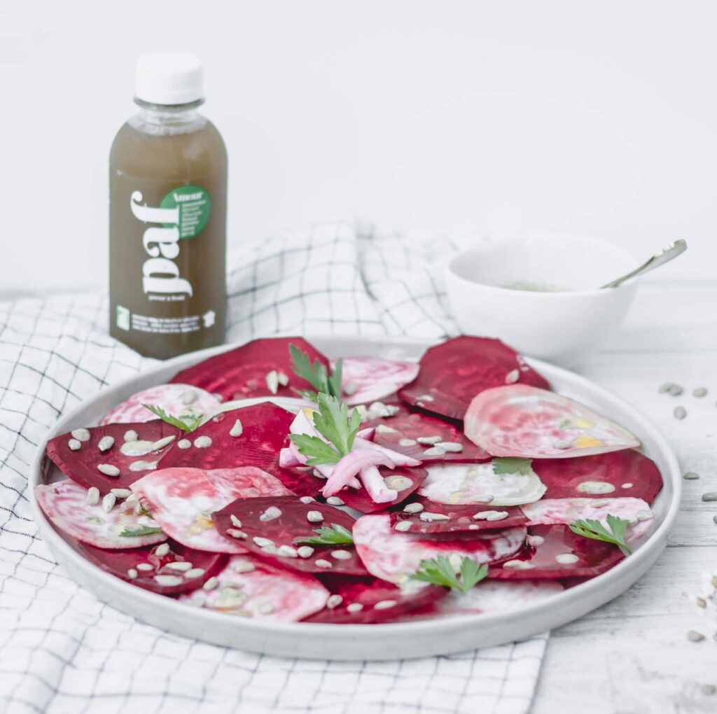 Recette healthy carpaccio de betterave et sauce tahini